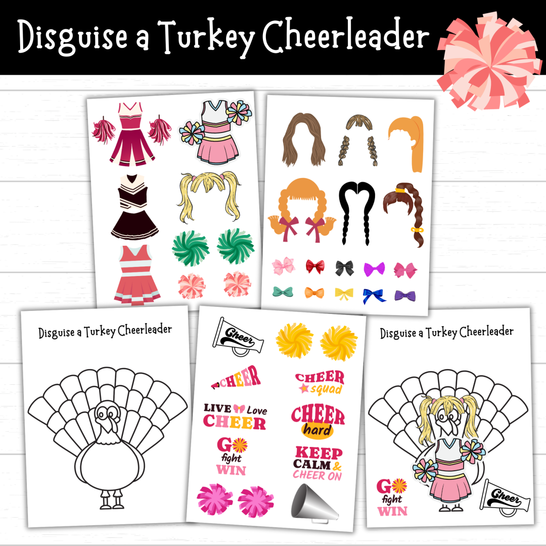 printable disguise a turkey cheerleader (6 sets) - mom. wife. busy